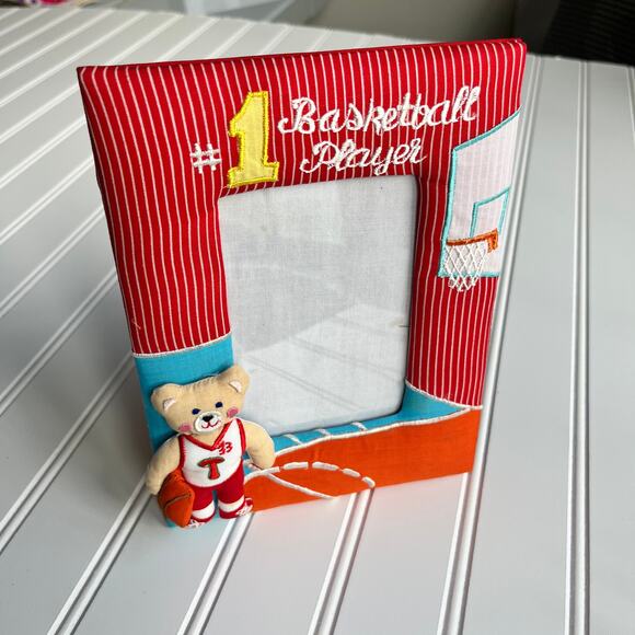 Vintage #1 Basketball Player Fabric Photo Frame 90's Embroidered Teddy Bear - Picture 9 of 9